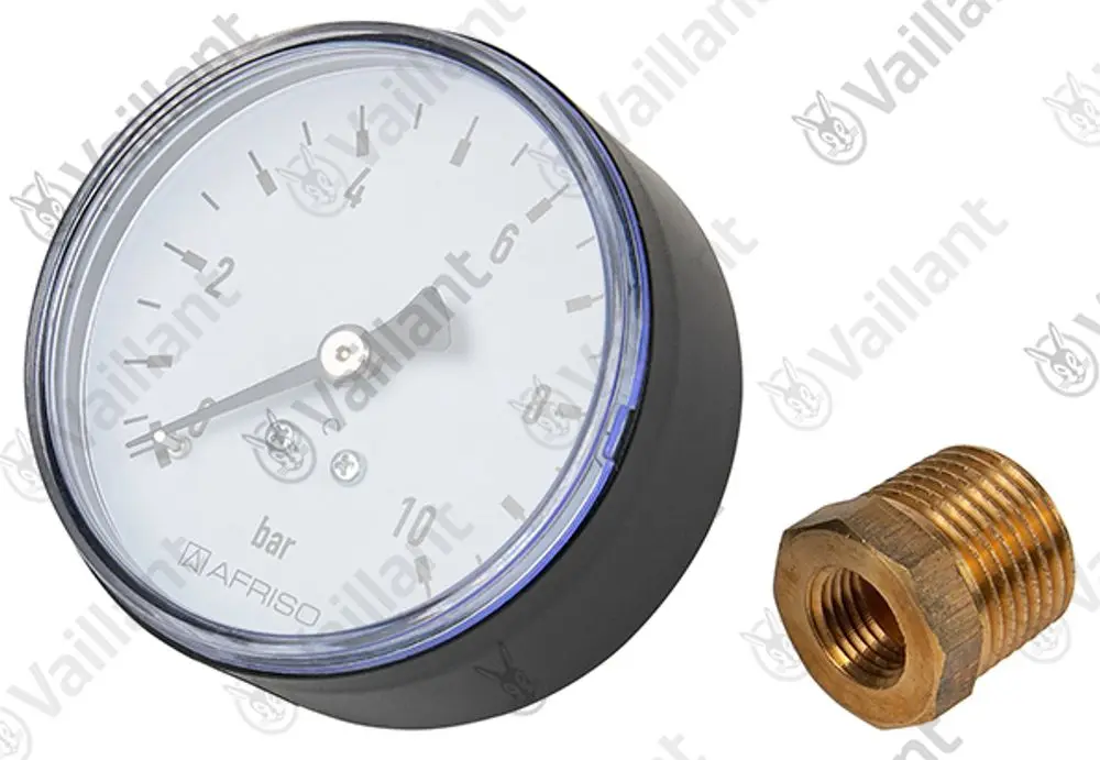 Vaillant Manometer mit einem Ziffernblatt, das den Druck in bar anzeigt, und einem Messanschluss in Kupfer.